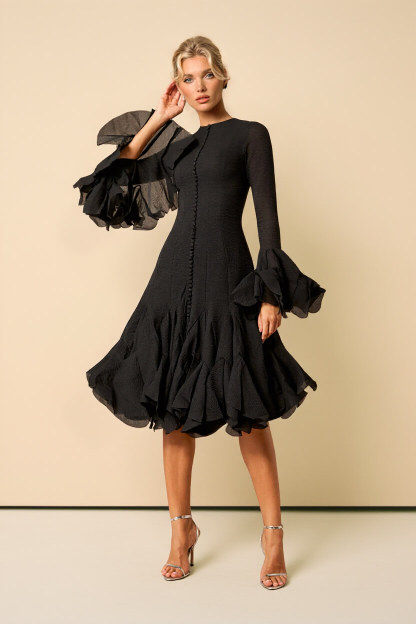 Elegant Black Ruffle-Trimmed Bell Sleeve Midi Dress