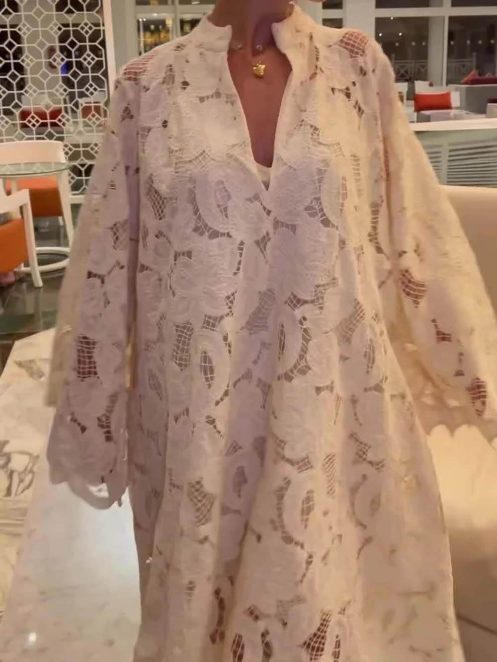 Casual White Long Sleeve Lace V-Neck Dress