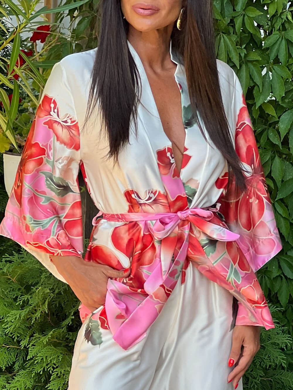 Delicate Floral Print Bell Sleeve Tie-Waist Blouse