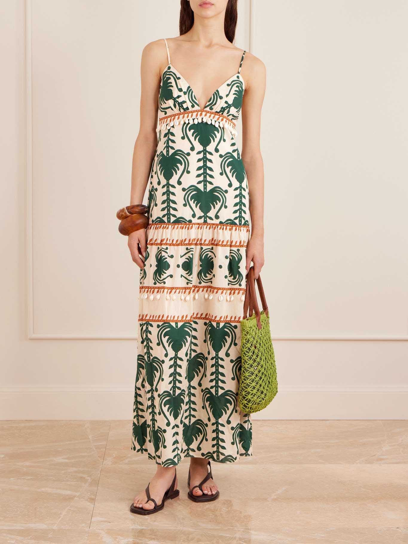 Casual Palm Tree Print V-Neck Tiered Maxi Dress