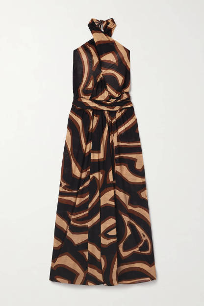 Unique Zebra Print Backless Halter Tie-Up Maxi Dress