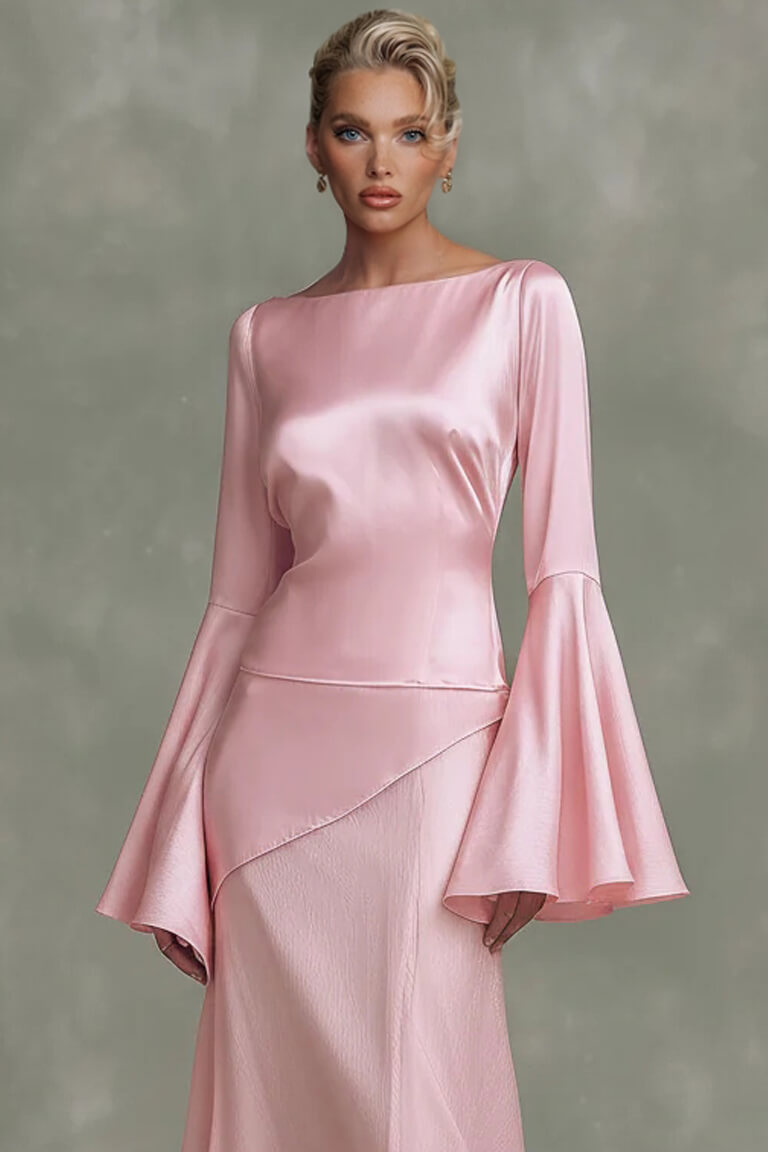 Elegant Minimalist Bell-Sleeve Satin-Panel A-Line Maxi Dress