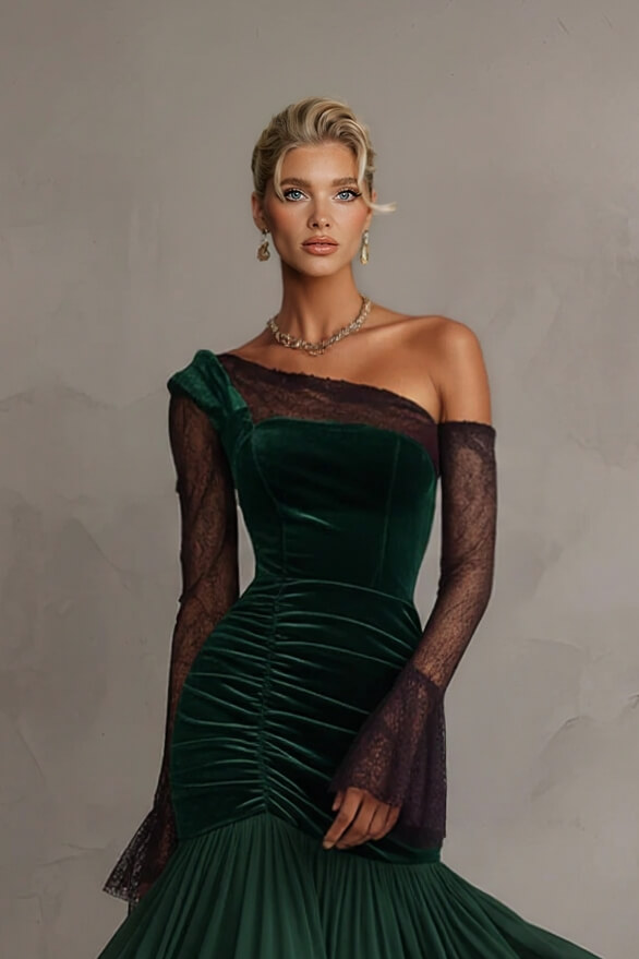 Elegant Emerald Velvet Chiffon Lace Sleeves Maxi Dress