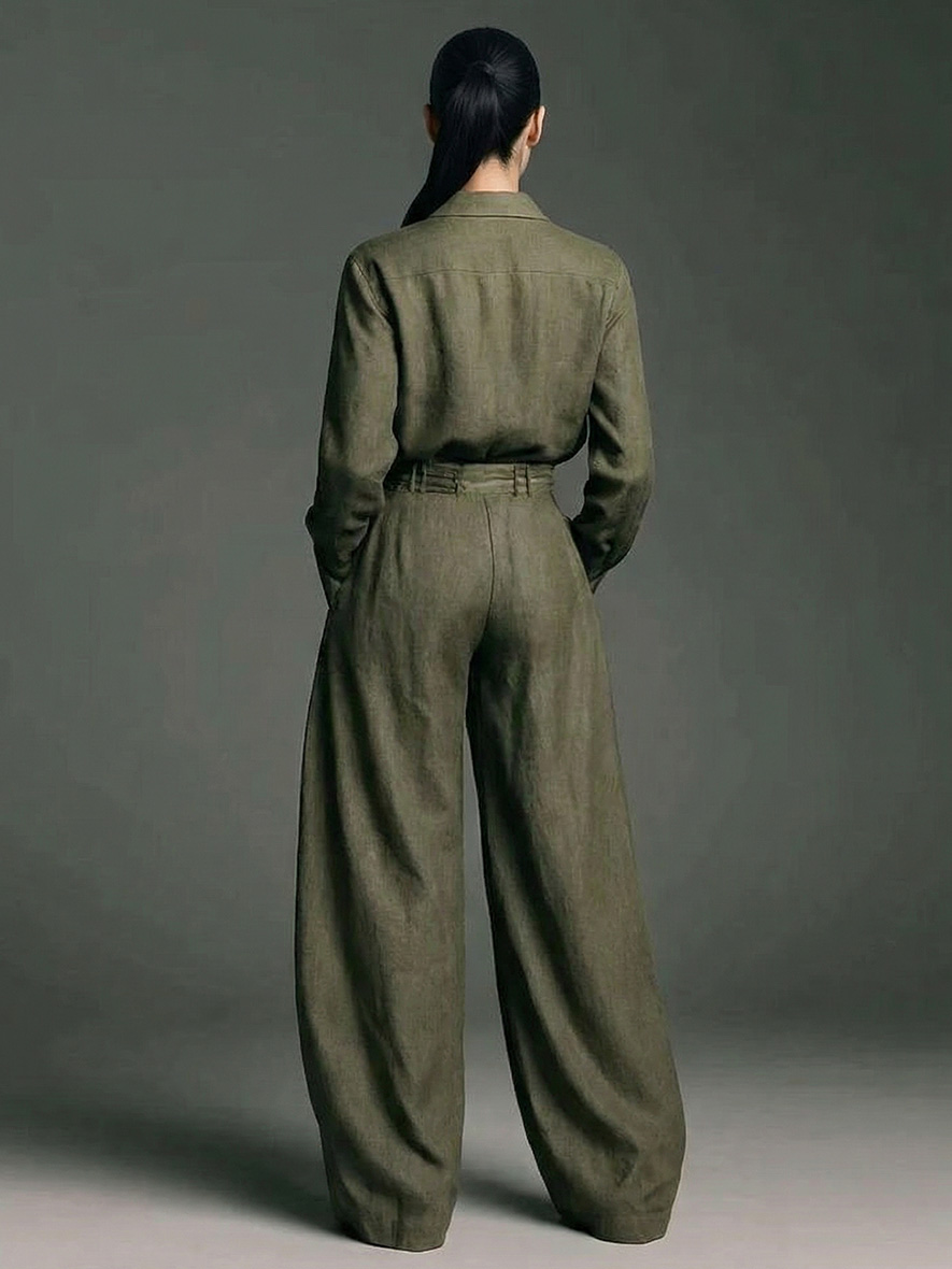 Casual Long-Sleeve Shirt & Wide-Leg Pants Two-Piece Set