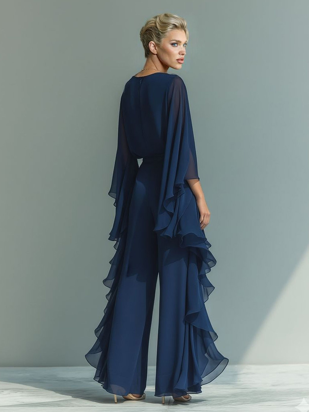 Chiffon Bell-Sleeve Top & Straight-Leg Pants Two-Piece Set