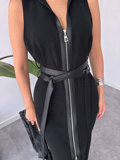 Retro Fashion Black Lace-up Zipper Maxi Dress