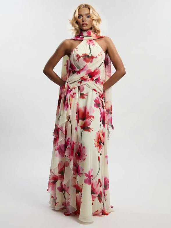 Elegant Watercolor Floral Print Backless Chiffon Maxi Dress