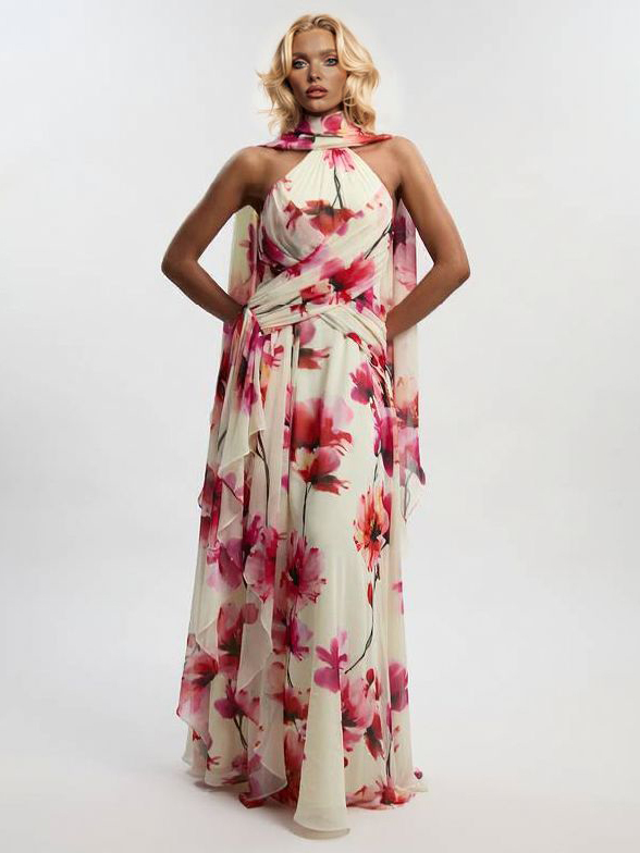 Elegant Watercolor Floral Print Backless Chiffon Maxi Dress
