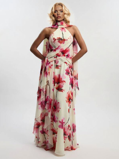 Elegant Watercolor Floral Print Backless Chiffon Maxi Dress