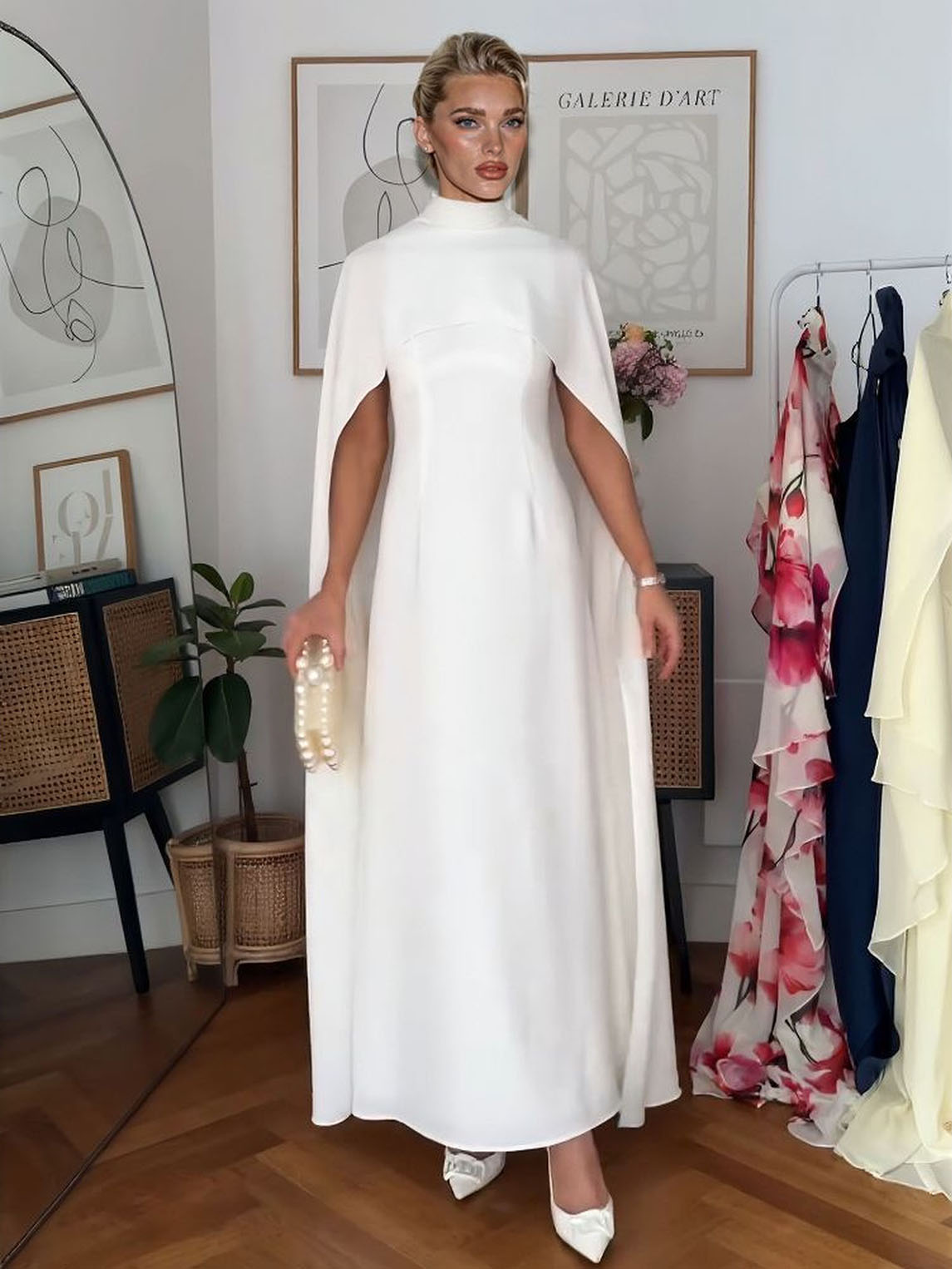 Elegant High-Neck Cape-Style Maxi Dress