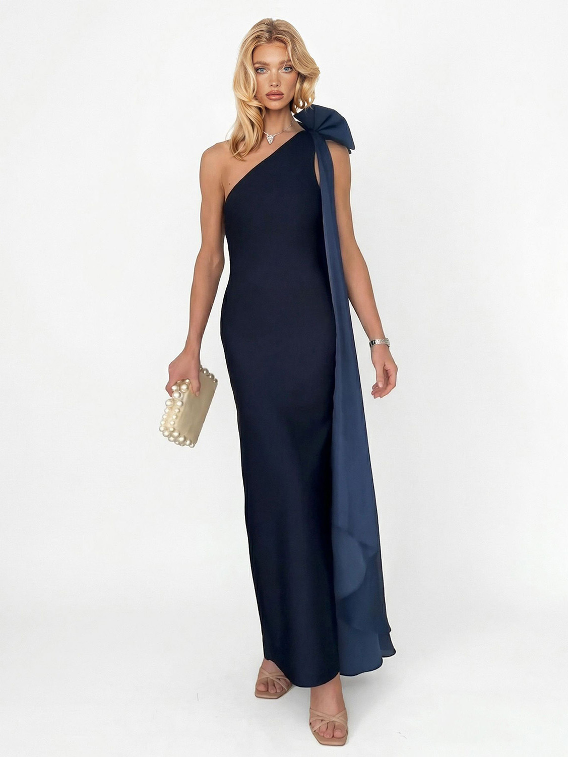 Elegant Tulle Bow Cape One-Shoulder Maxi Dress