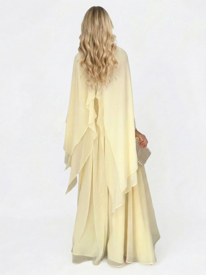 Elegant Cape Style Ruched Ruffle Maxi Dress