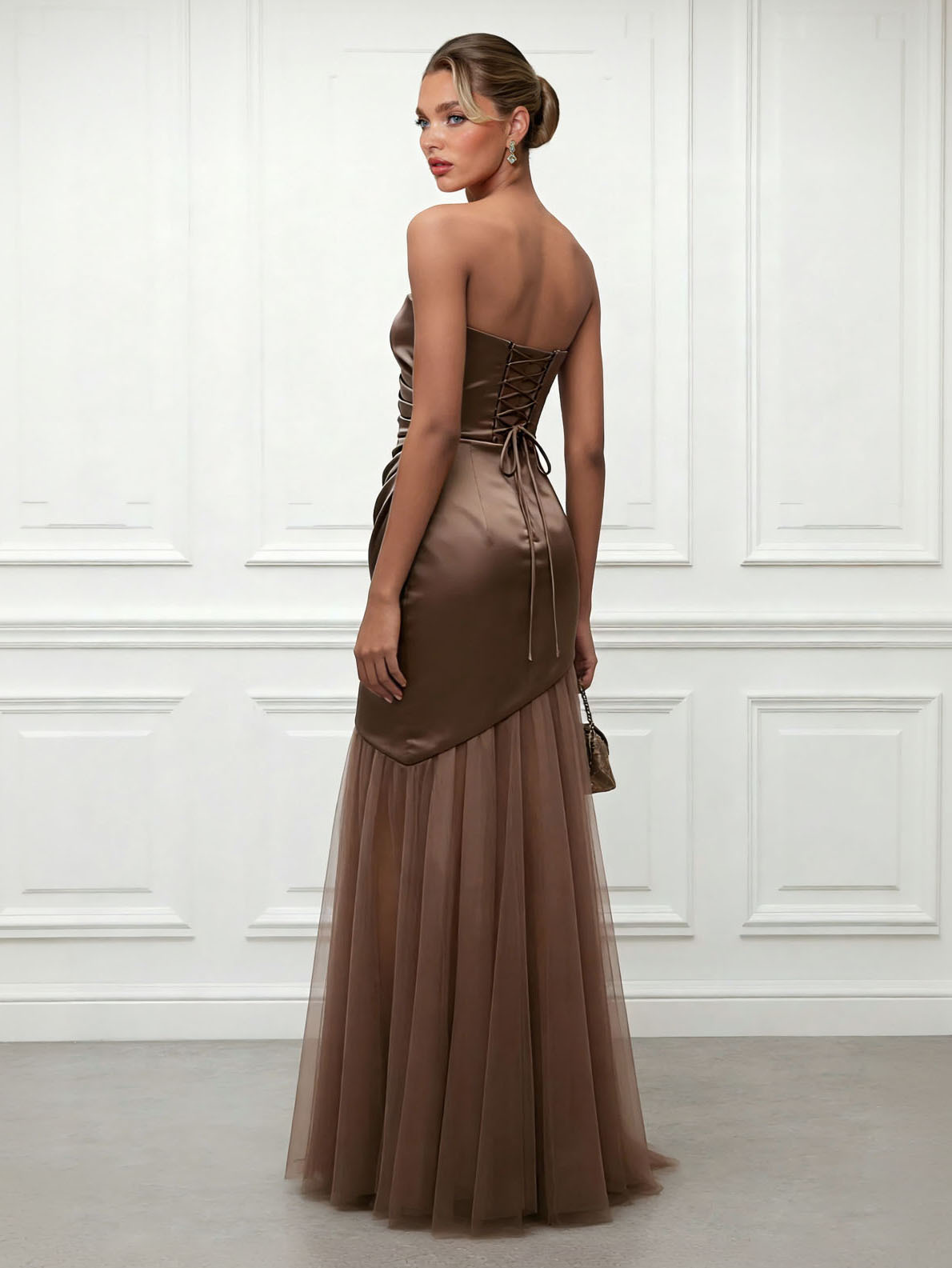 Elegant Strapless Draped Satin And Evening Gown