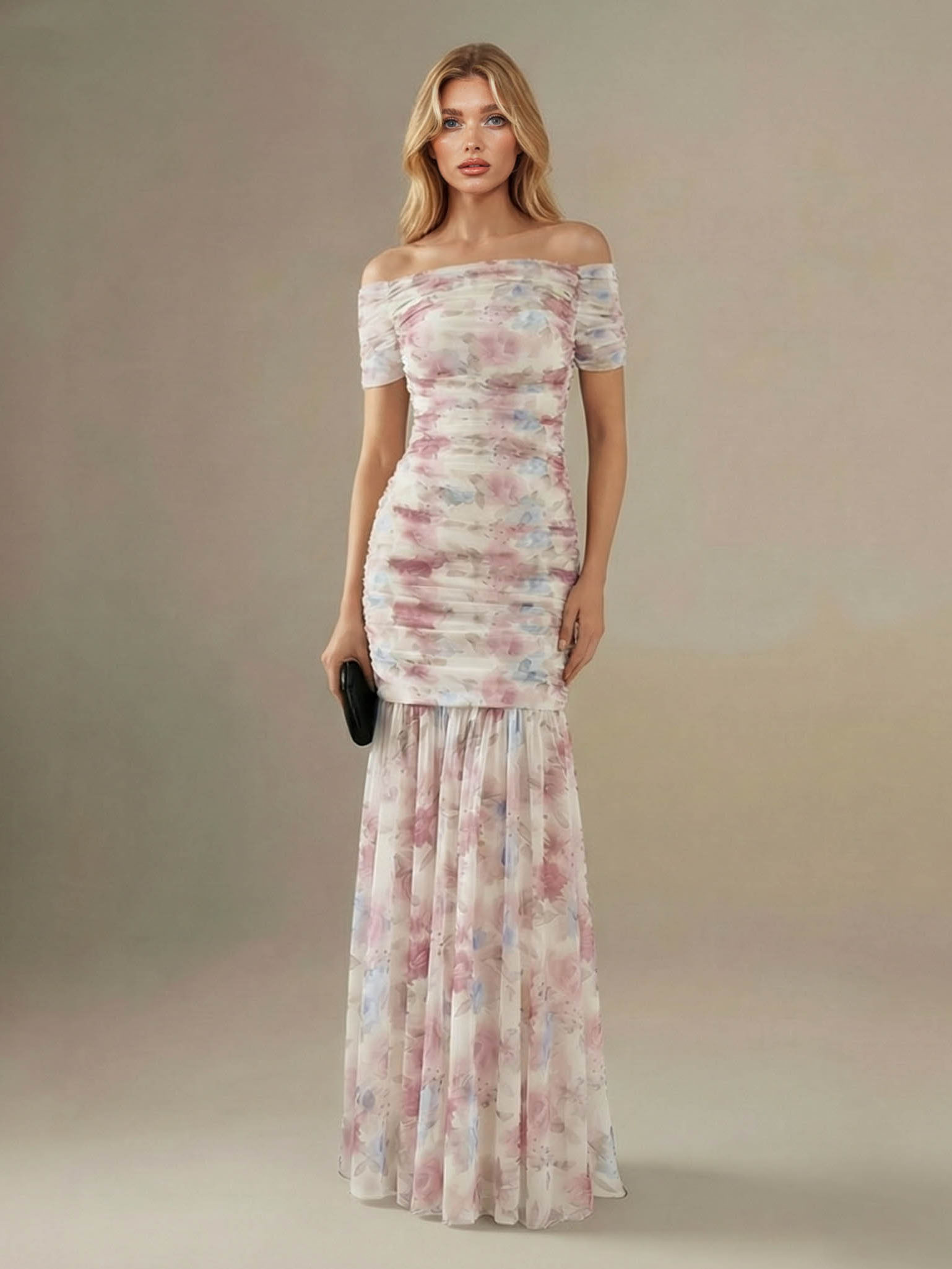 Elegant Printed Mesh Off-Shoulder Ruched Mermaid Maxi Dress