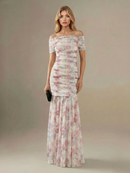 Elegant Printed Mesh Off-Shoulder Ruched Mermaid Maxi Dress