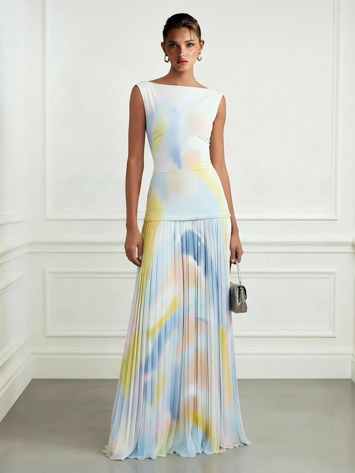 Elegant Watercolor Print Pleated Maxi Dress