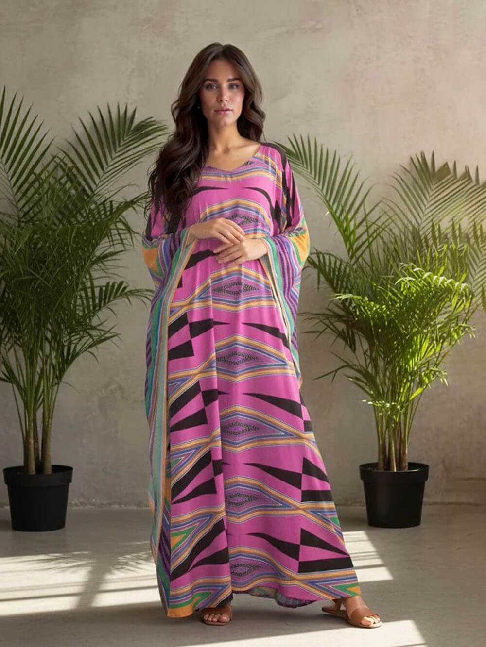 Retro Diamond Print Kimono Kaftan Beachwear Maxi Dress