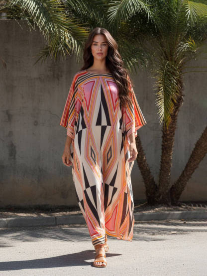 Simple Retro Triangle Print Slit Kimono Maxi Dress
