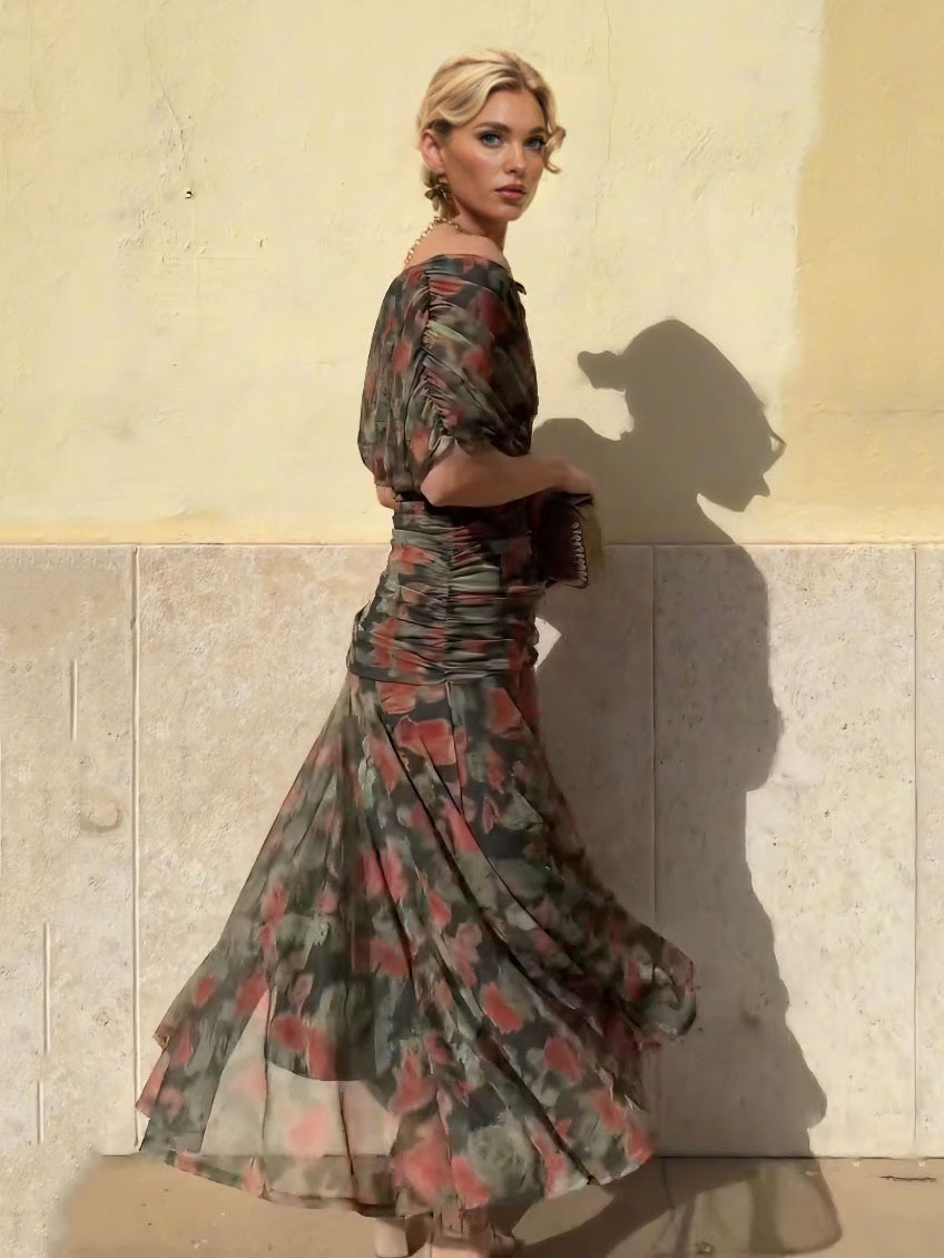 Elegant Mesh Watercolor Print Pleated Maxi Dress