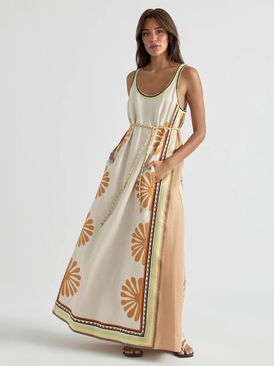 Bohemian Floral Print Sleeveless Maxi Dress With Waist Tie