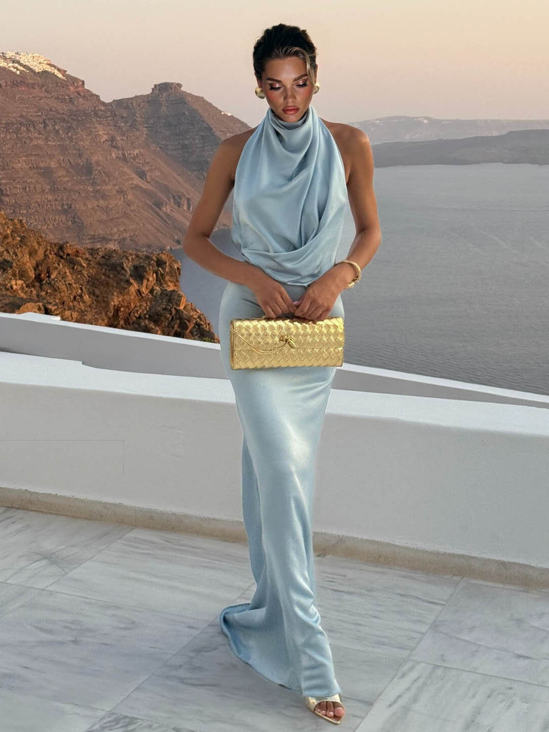 Elegant Blue Draped Neckline Satin Maxi Dress