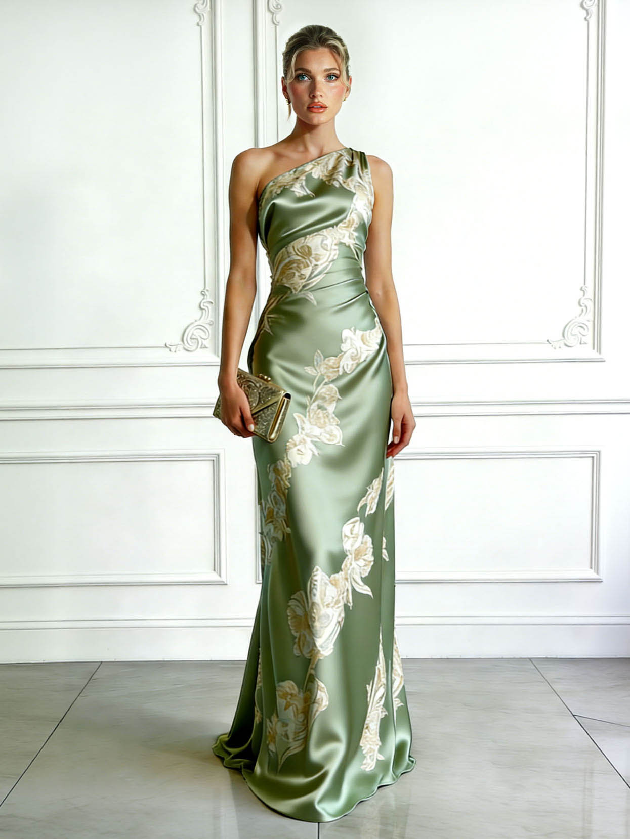 Elegant One-shoulder Floral Satin Maxi Dress