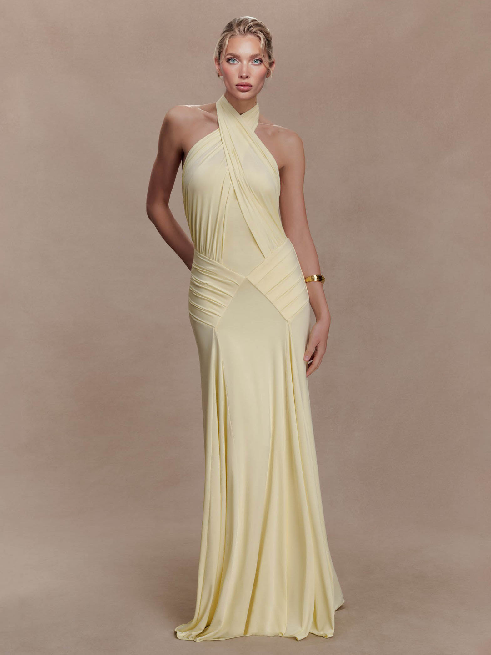 Elegant Pleated Fitted Backless Maxi Dress