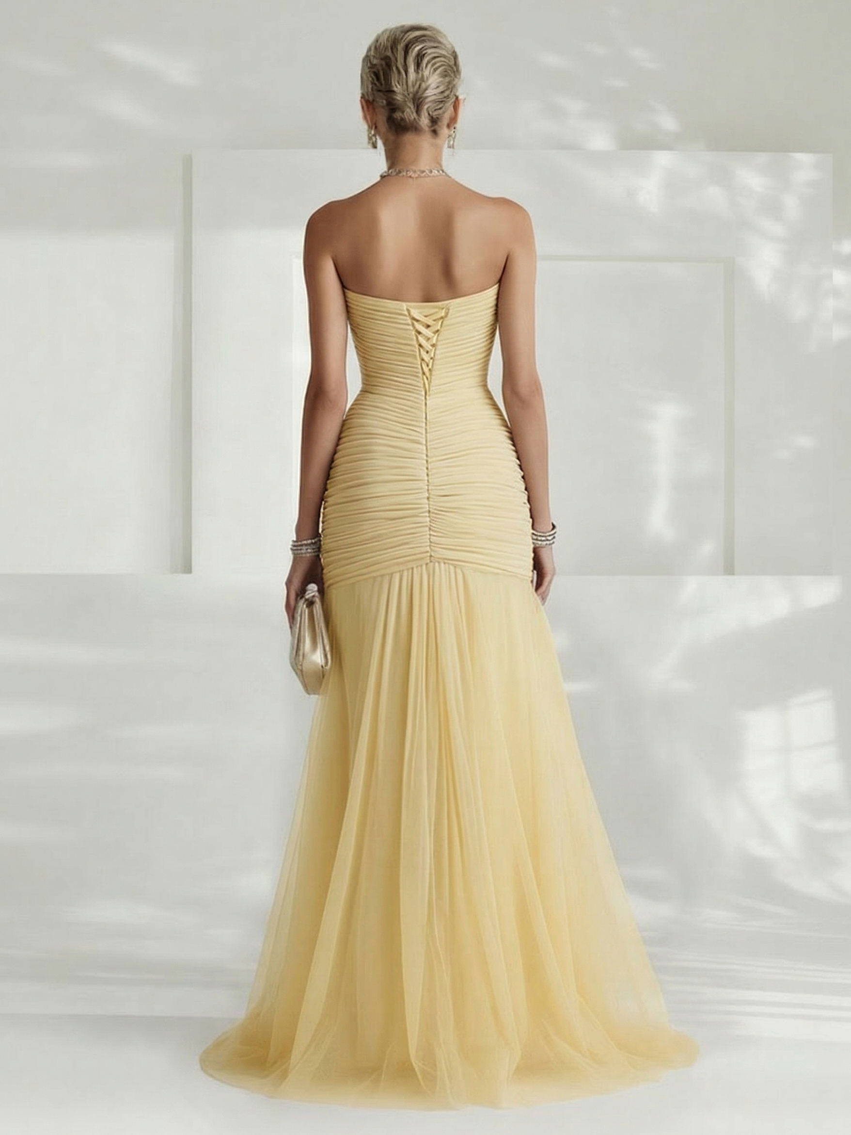 Elegant Yellow Strapless Pleated Tulle Maxi Dress