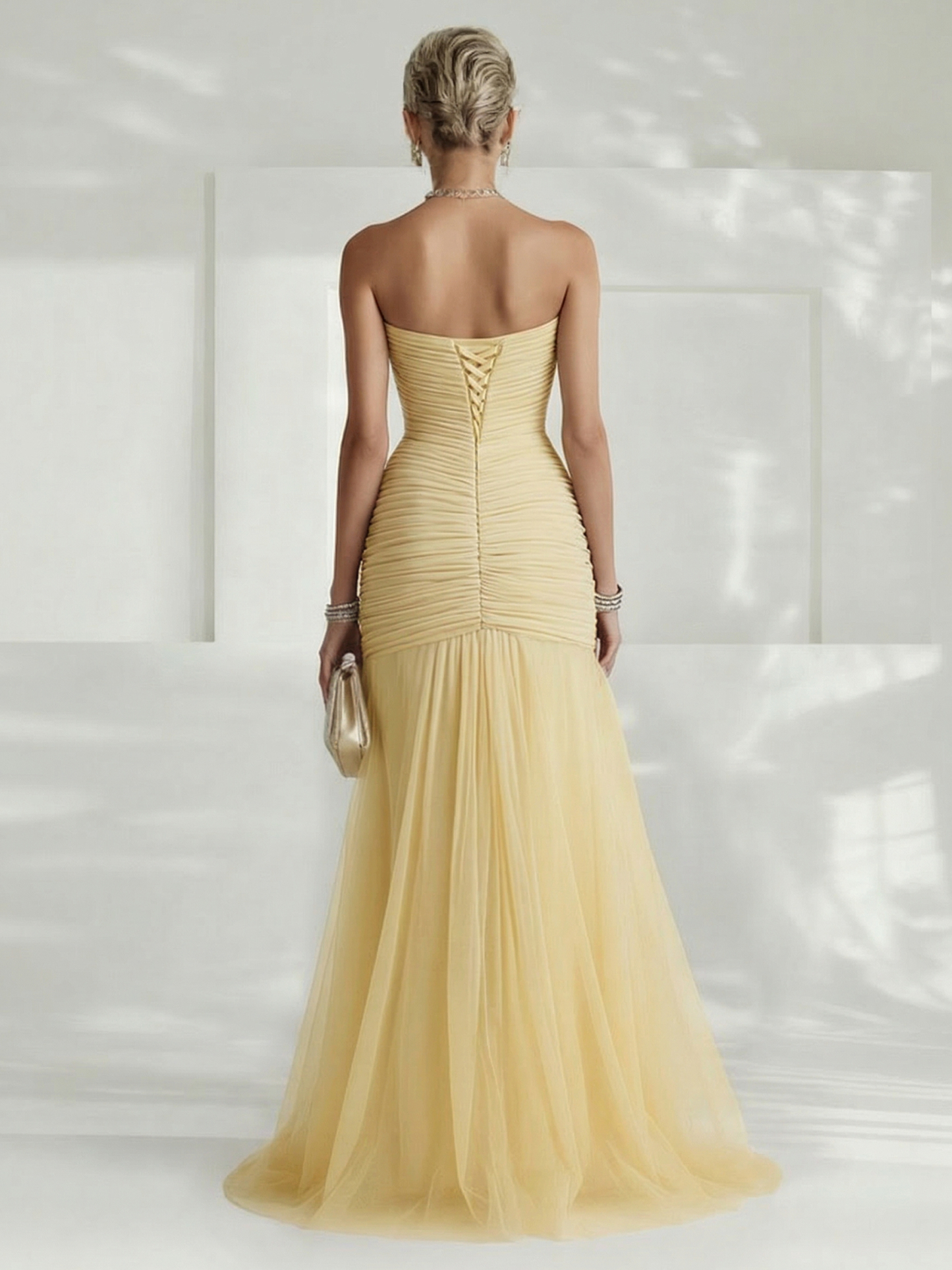 Elegant Yellow Strapless Pleated Tulle Maxi Dress