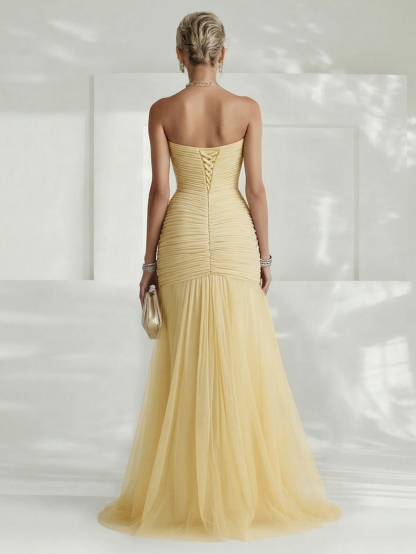 Elegant Yellow Strapless Pleated Tulle Maxi Dress