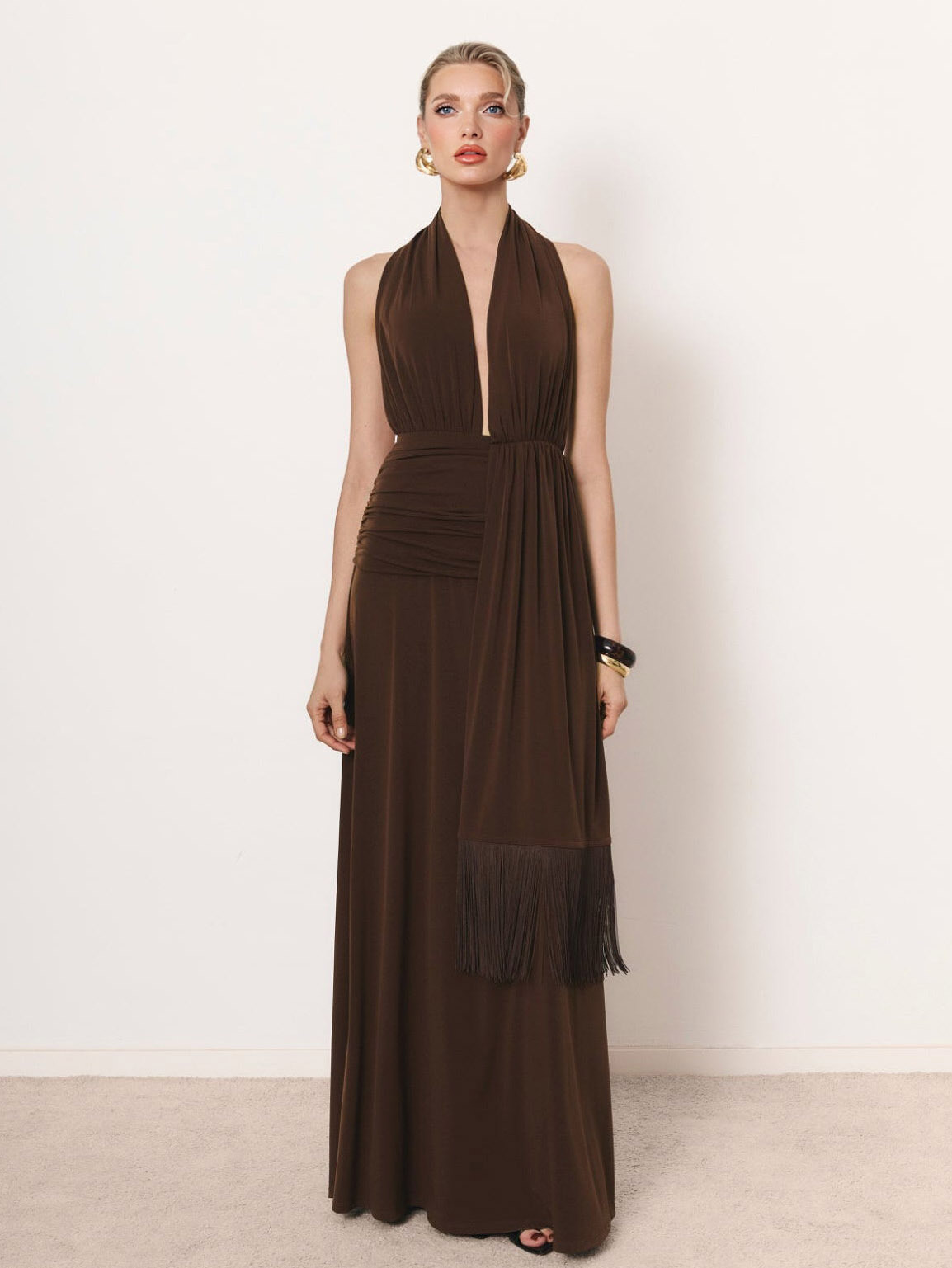 Sexy Deep V-Neck Fringe Party Maxi Dress