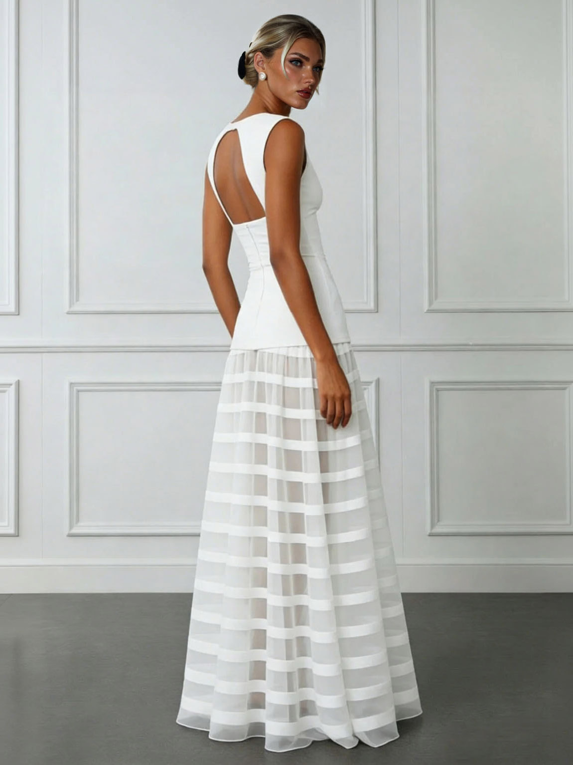 Elegant Boat Neck Striped Tulle Maxi Dress