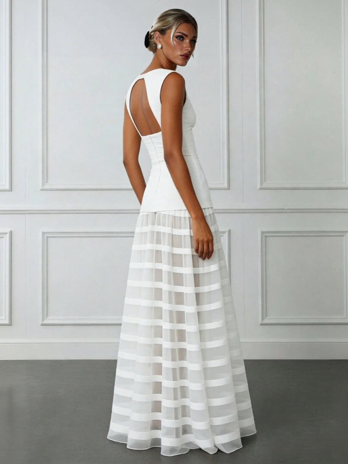 Elegant Boat Neck Striped Tulle Maxi Dress