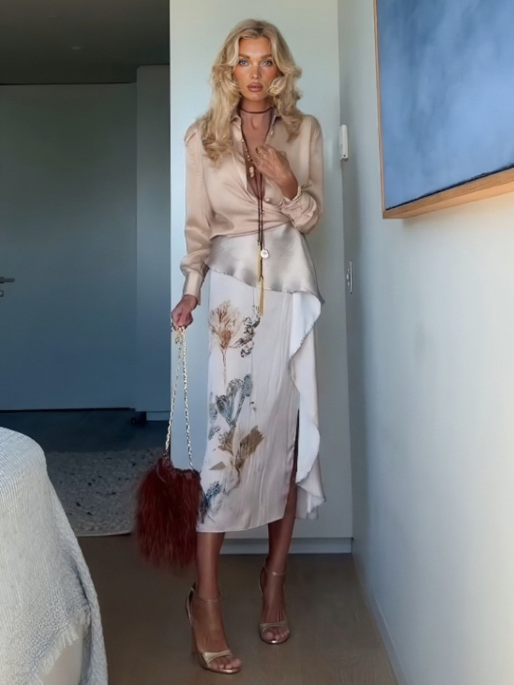 Elegant Knotted Blouse Paired With A Printed Skirt Two-piece Set