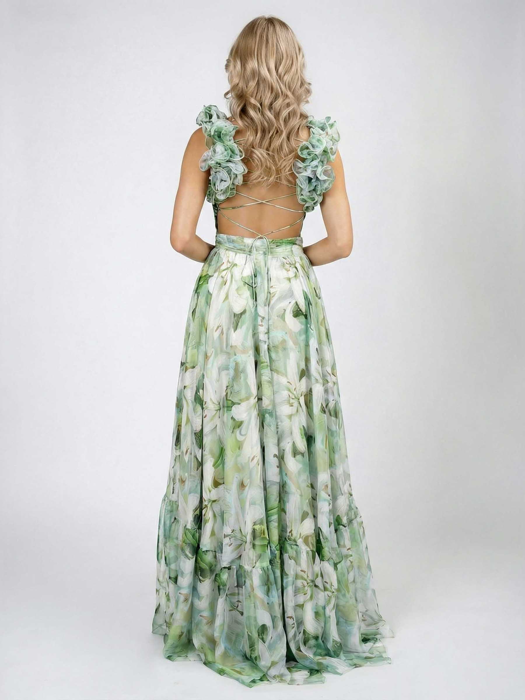 Elegant Lily Print Tiered Ruffle Shoulder Maxi Dress