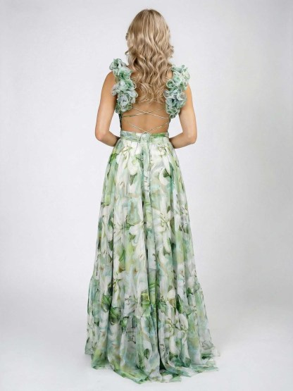Elegant Lily Print Tiered Ruffle Shoulder Maxi Dress