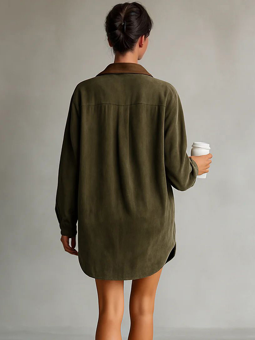Casual Loose Lapel Paneled Suede Mini Dress
