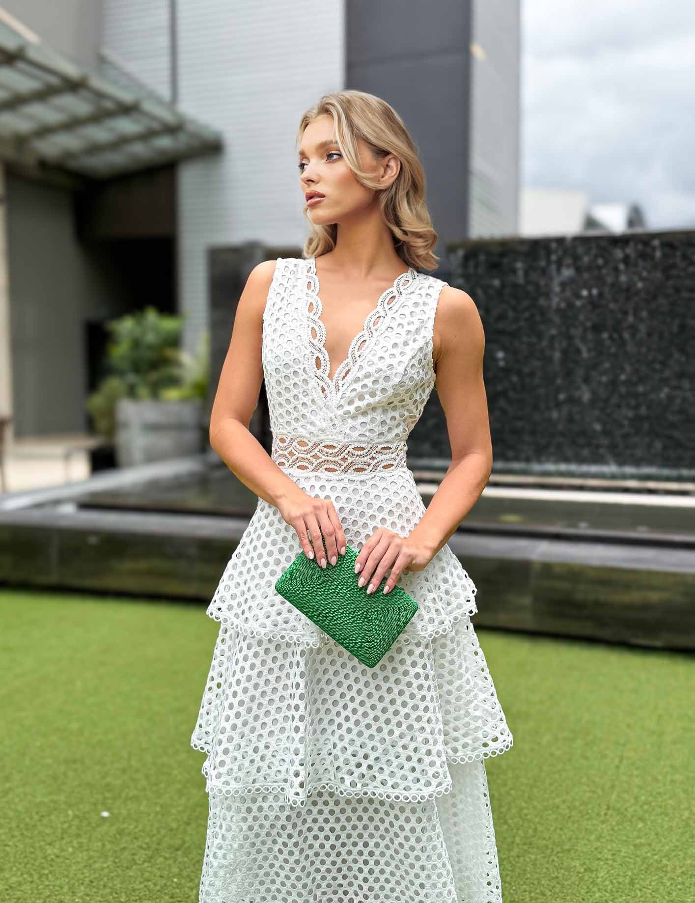 Elegant Crocheted Lace Layered Ruffle Maxi Dress