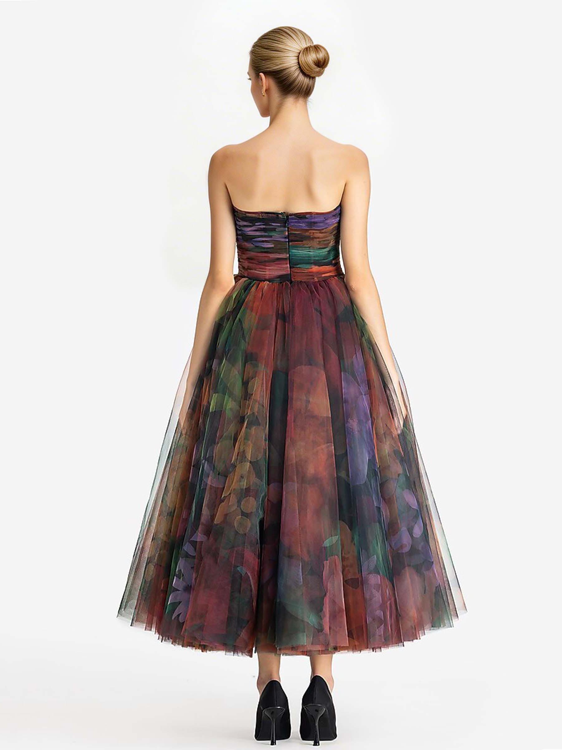 Elegant Strapless Gradient Tulle Midi Dress