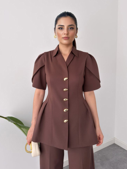 Elegant Puff Sleeve Top And Straight-Leg Trousers Two-Piece Set