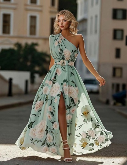 Elegant Floral Print One-shoulder Maxi Dress With Belt