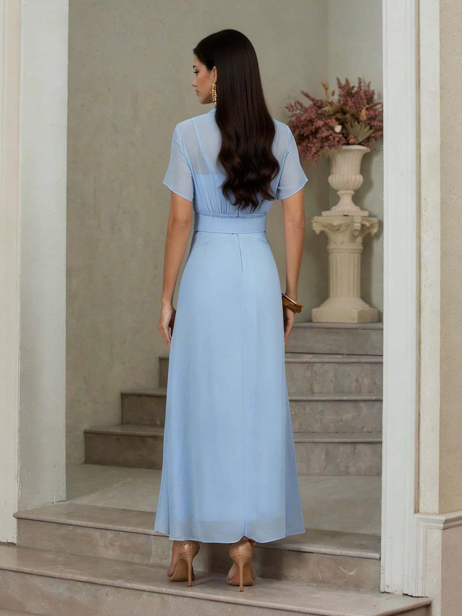 Elegant Chiffon Sheer-Neck Pleated Maxi Dress