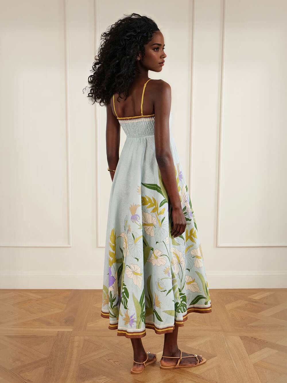 Unique Floral Print Linen Midi Dress