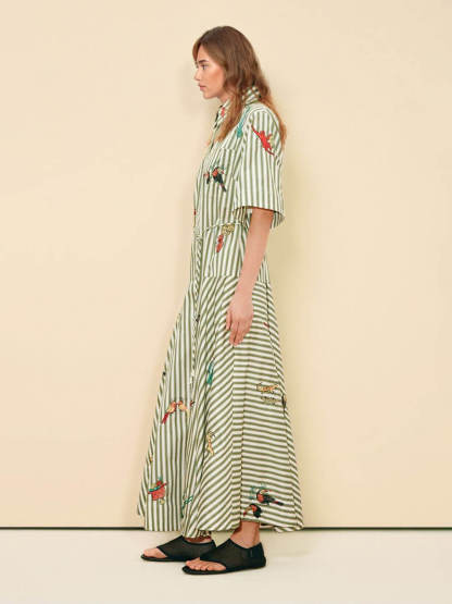 Classic Striped Button-Front Tie-Waist A-Line Maxi Shirtdress