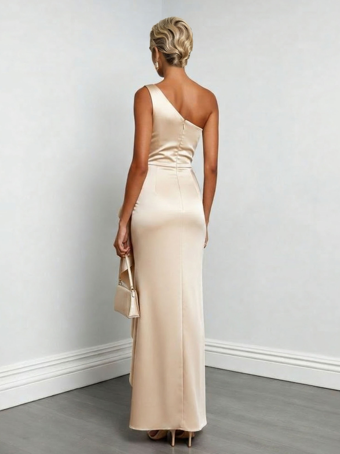 Elegant One-Shoulder Ruched Satin Maxi Dress