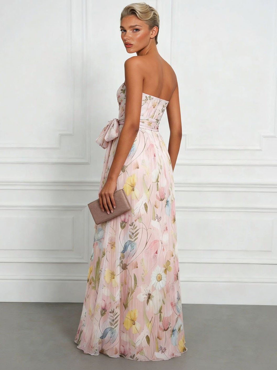 Elegant Strapless Floral Chiffon Pleated Maxi Dress With Waist Tie