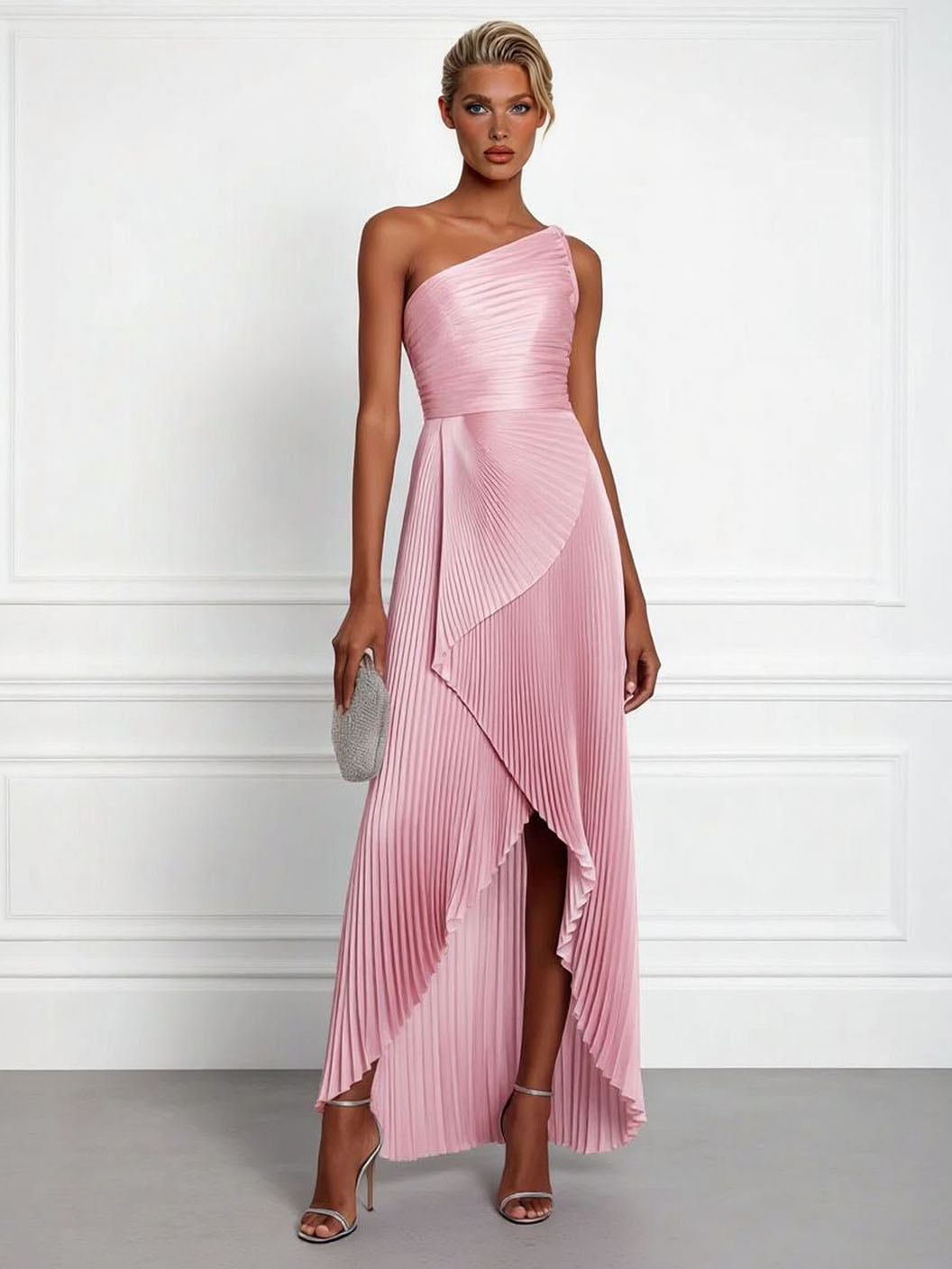 Elegant One-Shoulder Pleated Asymmetrical High-Slit Maxi Dress
