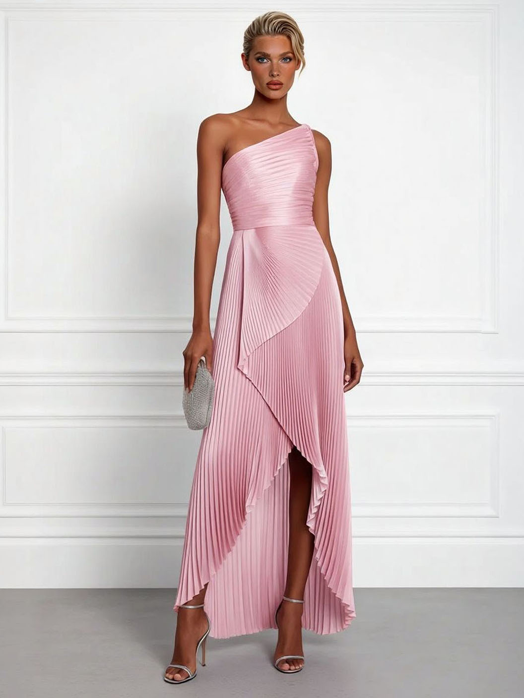 Elegant One-Shoulder Pleated Asymmetrical High-Slit Maxi Dress