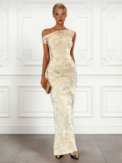 Elegant Floral Embroidered Mesh One-Shoulder Maxi Dress