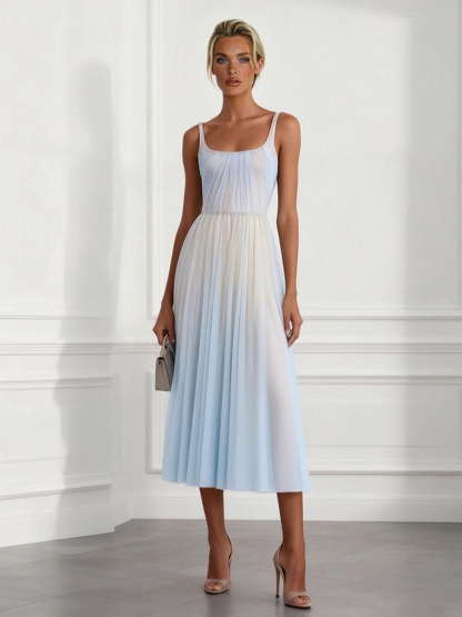 Elegant Pleated Gradient Spaghetti Strap Midi Dress